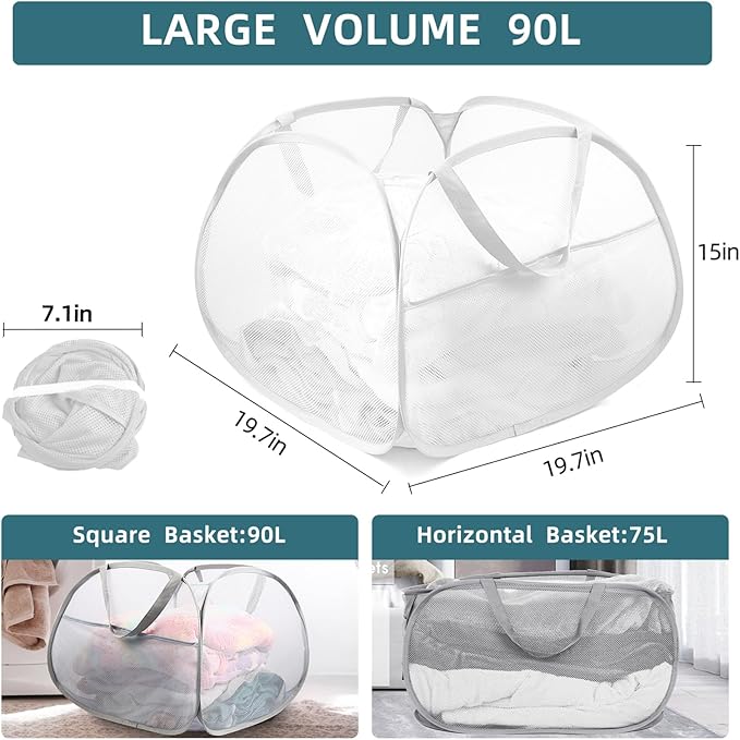 2 Pack Collapsible Laundry Baskets, 90L Large Foldable Laundry Basket, Durable Mesh Pop Up Hampers for Laundry, Dirty Clothes Laundry Hamper for Bedroom, Bathroom, Dorm, Laundry Room, Travel White