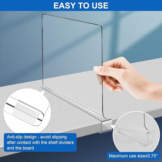 12 Inches [Extra Tall Version] Clear Shelf Dividers for Closet Organization and Storage, 6 Pack Purse Organizer for Closet Acrylic Adjustable Bookshelf for Organization, Perfect for Sweater, Clothes