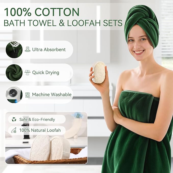 Green Bathroom Set, Dark Green Bathroom Accessories Set with Shower Curtain and Rugs, Bath Towel Sets, Natural Loofah Sponge, Soap Dispenser, Toothbrush Holder, Bathroom Tumbler and Tray for Bathroom