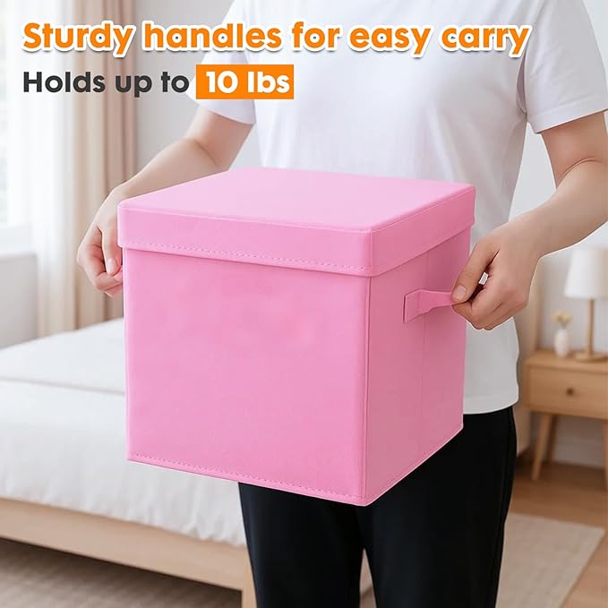 ShellKingdom Storage Bins, Foldable Fabric Storage Cubes with Lid, Clothes Storage Organizer Drawer For Closet Toys Storage, 10.5 X 10.5 X 11 INCH, 2 Pack (Pink)
