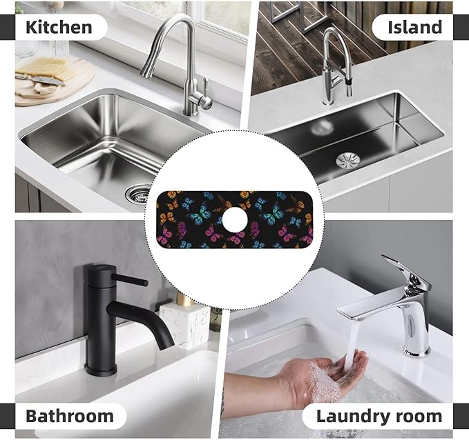 Butterfly Abstract Butterflies Kitchen Sink Splash Guard Faucet Mat Super Absorbent Fast Drying Mat Sink Gadgets-Fast Drying Pad Sink Mat For Kitchen Bathroom (15" X 5.5" )