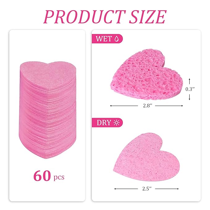 120-Count Kickleen Compressed Cellulose Heart Shape Facial Sponges | Natural Cosmetic Spa Sponges for Facial Cleansing | Exfoliating | Makeup Mask Removal | Reusable | Skin Massage (120 Count (Pink))