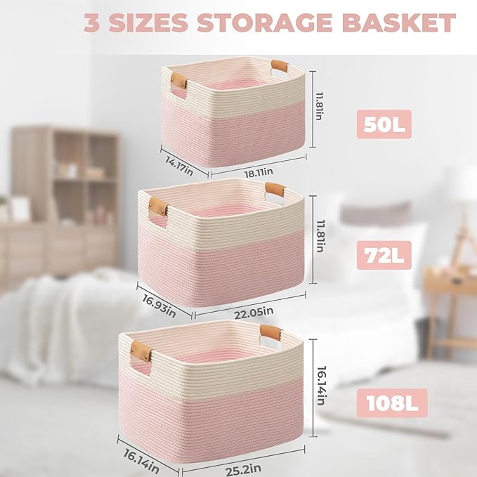 danpinera Woven Rectangle Storage Basket, Large Blanket Basket for Living Room,Kids Room, Storage Bin Box with Handle for Pillows, 22’’*17’’*11.8’’, 72L, White/Pink