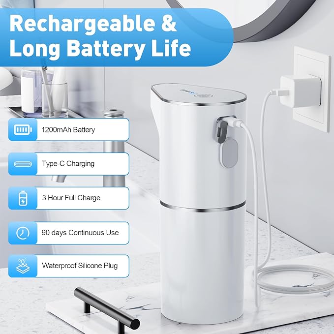 Automatic Soap Dispenser,Touchless Hand Wall Mount Rechargeable 3 Gear Adjustable Electric Soap Dispenser 350ml with Infrared Motion Sensor for Bathroom,Kitchen,Office, White Foam