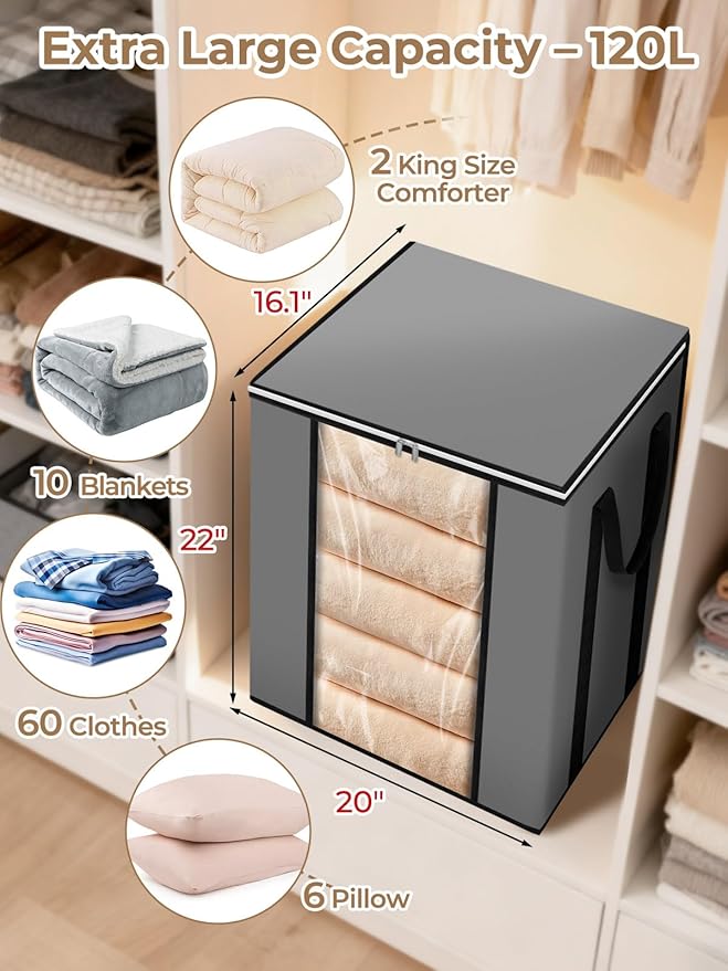 boailydi 120L Extra Large Blanket & Clothes Storage Bags for Bedding & Comforters & Pillow–Foldable Thick Waterproof Fabric with Clear Window,Dual Zippers & Sturdy Handles,3 Pack Seasonal Organization