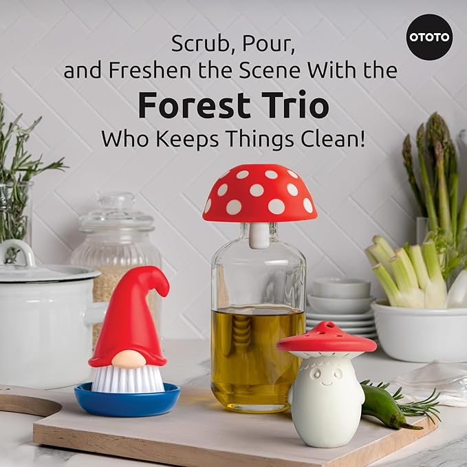 OTOTO Forest Trio Bundle of Beardy, Magic Mushroom, Fun Guy - Gnomes Dish Brush, Fungilicious Kitchen Funnel, Fridge Deodorizer, Mushroom Decor Cute Kitchen Accessories, Unique Mushroom Gnome Gifts
