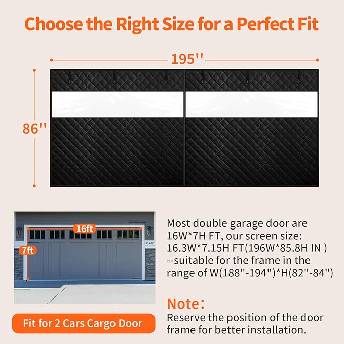 Thermal Insulated Garage Door Curtain with Clear Window, 16ft x 7ft Winter Door Cover for 2 Car Garage Heat Insulation with Thicken Polyester Fiberfill & Durable Oxford Fabric, Waterproof