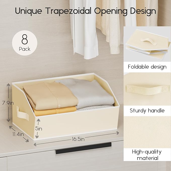 Large Closet Organizers and Storage Bins - 10 Pack Trapezoid Storage Baskets for Shelves, Foldable Fabric Basket with Handles Ideal for Closet, Basket, Wardrobe and Shelf Storage, Light Grey