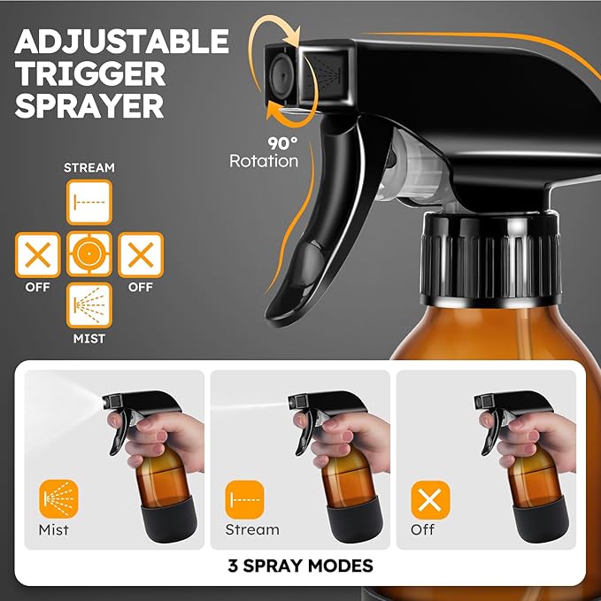 Tecohouse 2 Pack 360° Amber Glass Spray Bottles with Silicone Sleeve, 4 oz Empty Refillable Containers with Adjustable Spray Nozzles, Spray Bottles for Cleaning Solutions, Hair, Plants (Black & Brown)