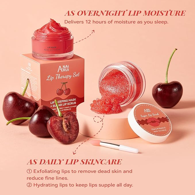 ANAI RUI Cherry Lip Scrub & Lip Mask Set, Vitamin E, Lip Scrub For Women, Lip Scrubber Exfoliator, Hydrating Lip Mask Overnight, Sugar Scrub for Dry Chapped Lips, Lip Care Set for Women