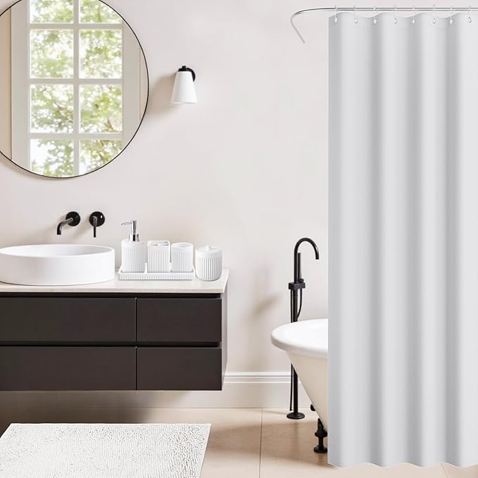 White Bathroom Sets with Shower Curtain and Rugs, 8-Piece Resin Bathroom Accessories Sets Complete with Soap Dispenser, Toothbrush Holder, Tumbler, Tray & Cotton Swab Jars Bathroom Essentials