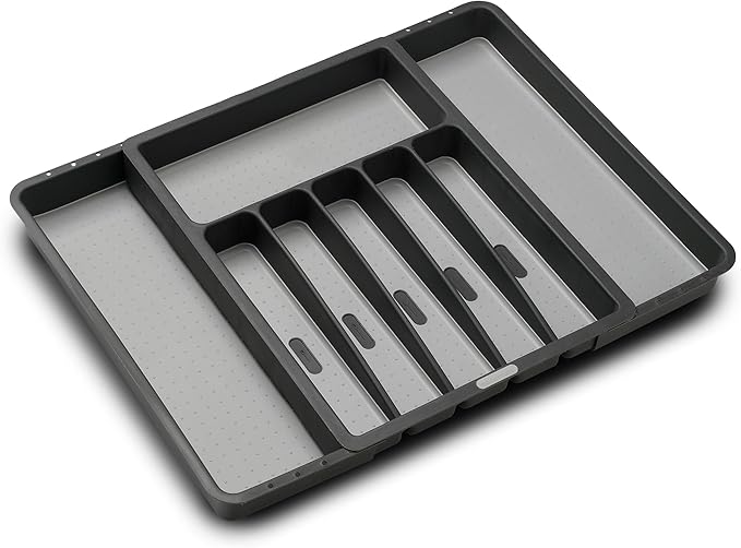 madesmart Expandable Silverware Tray, 8 Compartment Silverware Organizer for Forks, Knives & Spoons, Non Slip, Soft Grip Base, Expands to Fit Most Drawers, Carbon
