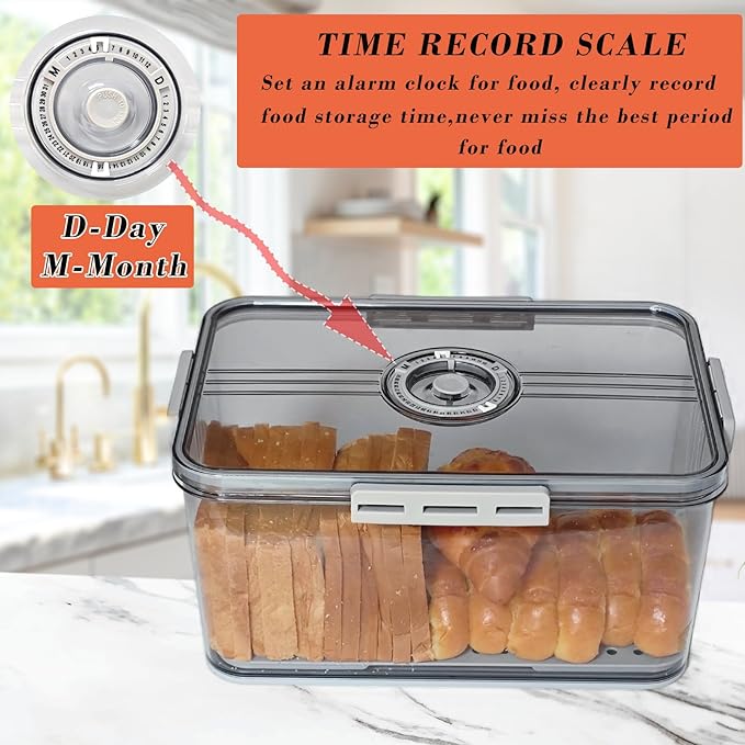 Bread Box Bread Boxes with Lid for Kitchen Counter, Airtight Loaf Bread Storage Container,Large Time Recording Bread Keeper for Homemade Bread, Toast, Bagel, Donut and Cookies (Grey)