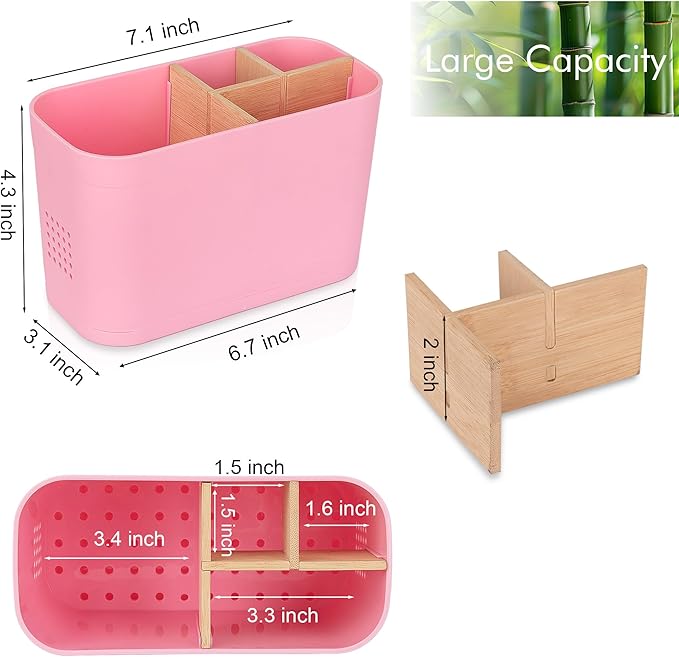 Toothbrush Holders for Bathrooms, Electric Tooth Brush Holder with Bamboo Dividers Kids Toothbrush and Toothpaste Organizer for Bathroom Countertop Accessories Storage, 4 Slots, Pink