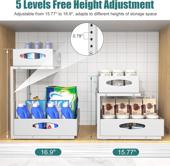 Housolution 1 Pack Large Under Sink Organizer, 2 Tier Metal Pull Out Under Sink Storage with Sliding Mesh Drawers, Height Adjustable Slide Out Under Cabinet Organizer for Kitchen Bathroom, White