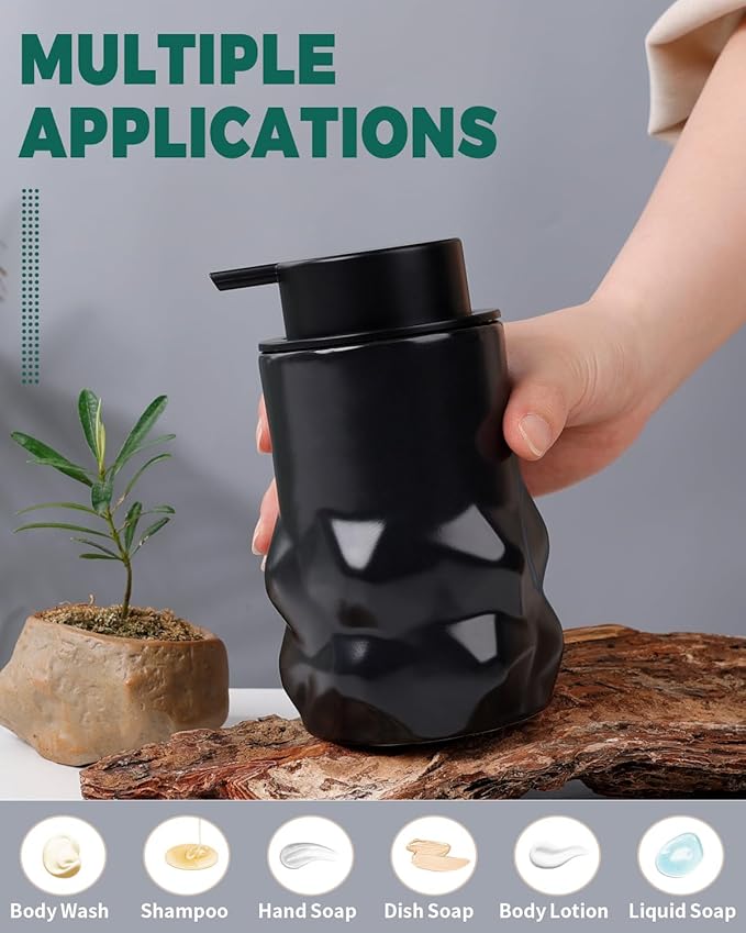 BosilunLife Hand Soap Dispenser - Foam Soap Dispenser Bathroom Ceramic Dish Liquid Soap Dispenser for Kitchen, Bathroom Countertop Soap Dispensers (Black-Liquid-Sculpt)