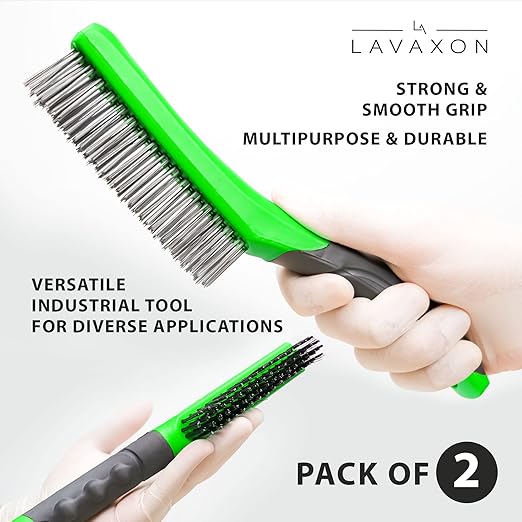 Wire Brush Set-Heavy Duty Stainless & Carbon Steel Bristles with Plastic Handle Grip for Rust, Wielding Slag, Dirt & Paint Scrubbing with Deep Cleaning – 10 Inches (Pack of 2-Green)