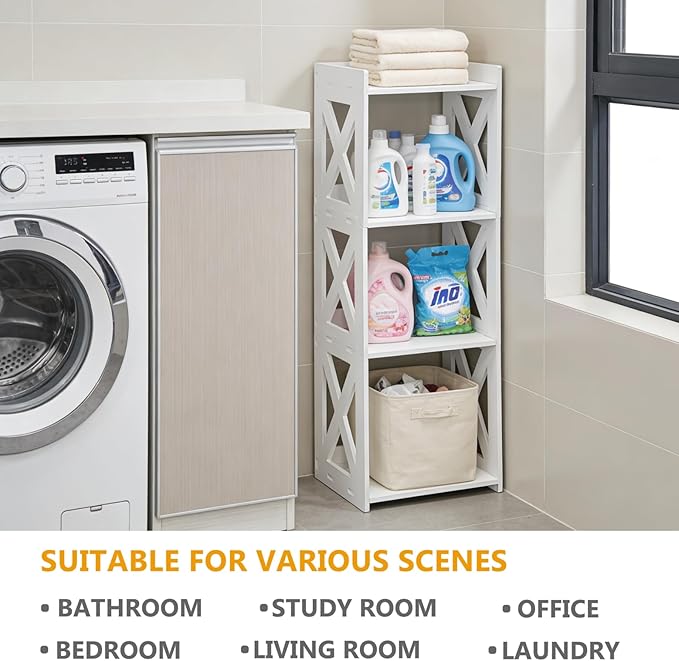 Small Bathroom Storage Corner Shelf, Waterproof PVC Narrow Floor Stand, Slim Gap Filler Organizer for Toilet Side, Laundry Room, Shower, Kitchen Spice Rack, White Restroom Holder (4-Tier)