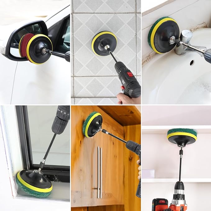 Power Scrub Pads Drill Attachment, GOH DODD 30 Pieces 5 Inch Headlight Restoration Kit Cleaning Kit Scouring Pads with Baker and Universal Shaft for Kitchen, Bathroom, Grout, Carpet, Tub, Grill,Tile