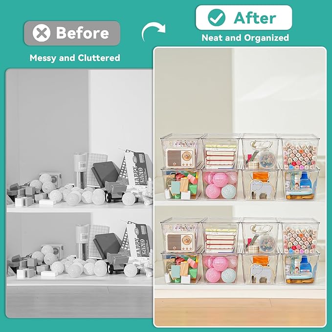 6 Pack Clear Storage Bins with Lids, Small Acrylic Arts and Craft Storage Containers, Stackable Clear Plastic Craft Storage Bins with Handles for Pantry Organizers and Storage, Kitchen, Fridge, Office