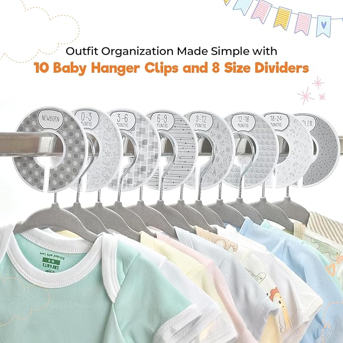 Velvet Baby Hangers with 10x Clips and 8X Dividers (30 Pack) | 11” Ultra-Slim Baby Clothes Hangers | Non-Slip Felt | Space-Saving Nursery & Infant Closet Organizer | Gray
