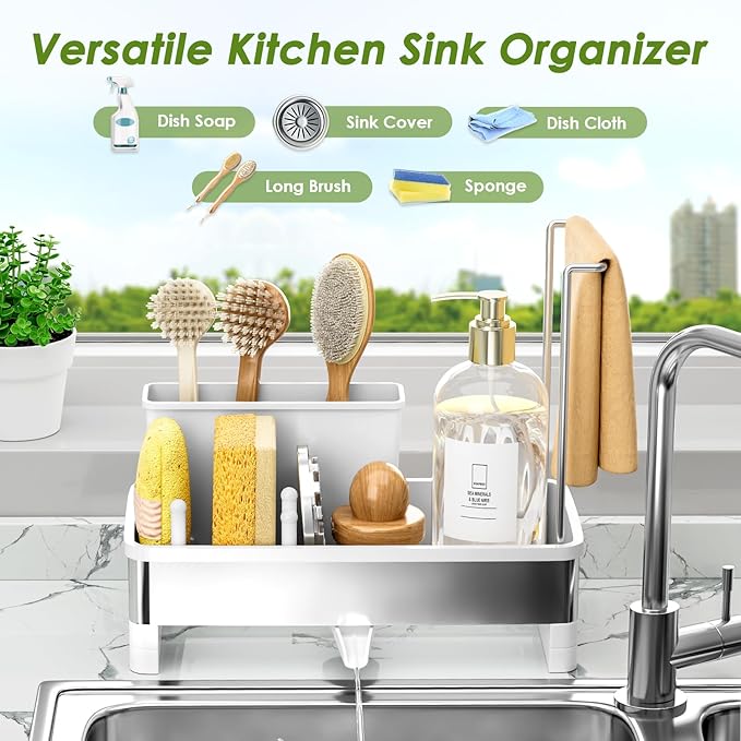 Ewaiira Stainless Steel Sink Caddy, Sponge Holder for Kitchen Sink with Brush Holder & Dishcloth Rack, Rustproof Organizer Countertop, Soap Dispenser Kitchen Organizers Storage Essentials, White