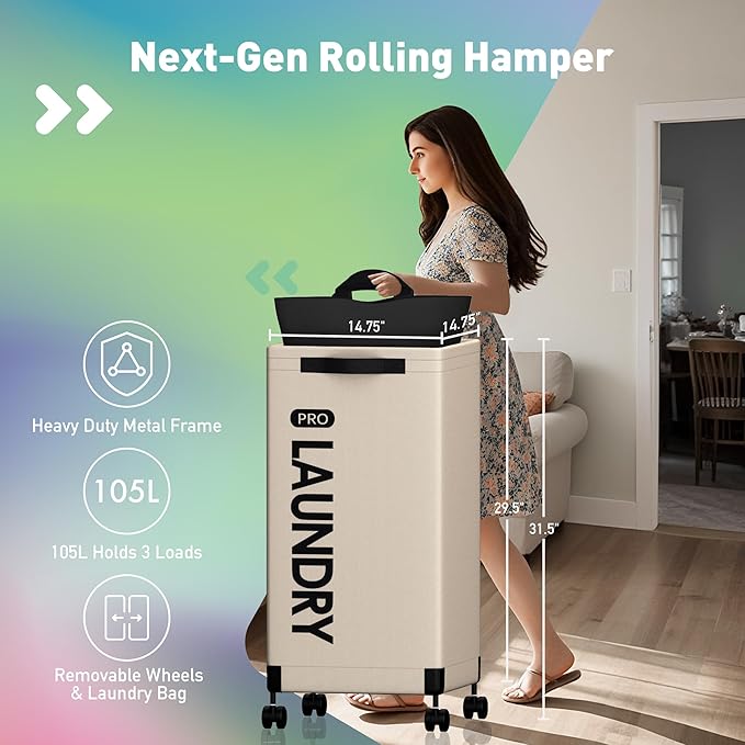 Caroeas Next-Gen 105L Matel Frame Laundry Basket with wheels, Heavy Duty Tall Rolling Laundry Hamper with Removable Wash Bag, Collapsible Freestanding Clothes Hamper (100L,Beige,1Pack)