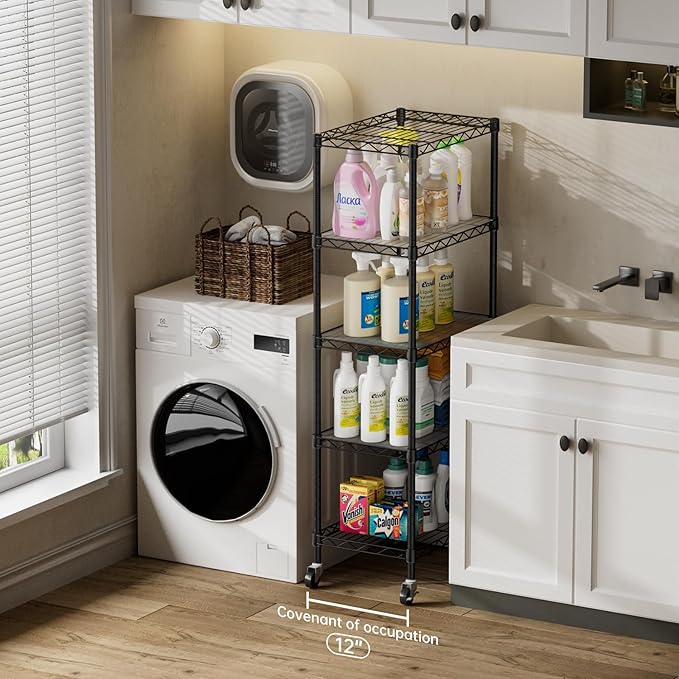 SINGAYE 5 Small Shelf Storage Wire Shelves Closet Bathroom Organizers Metal Pantry Kitchen Garage Shelving Unit Laundry Room Organization Home Narrow Rack Net Basket with Wheels Black