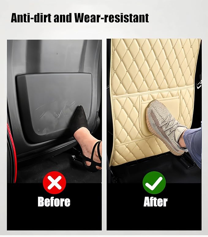Leatherette Car Seat Protector - 2 Pack Large Car Kick Mats with Storage Pockets Organizer Seat Back Cover Against Dirty Shoes & Scratches, Universal Fit for Most Vehicles, Beige