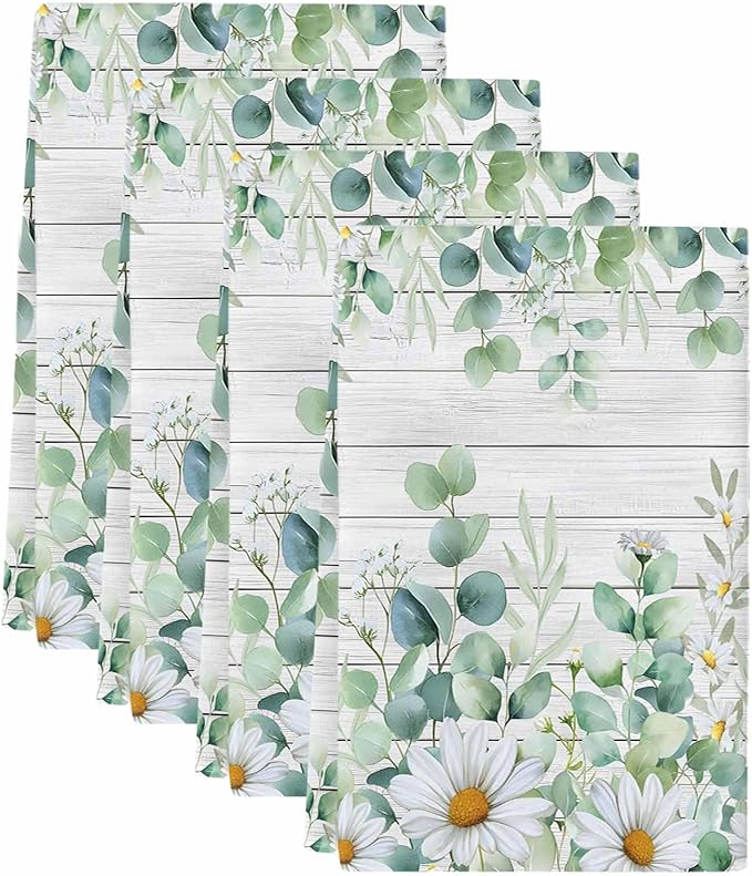 Kitchen Towels Set of 4, Green Eucalyptus Leaves Soft Microfiber Dish Towels, Daisy Summer Botanical Wooden Absorbent Quick-Dry Washable Dishcloths for Kitchen Cleaning, Drying Dishes, 18x28 Inches