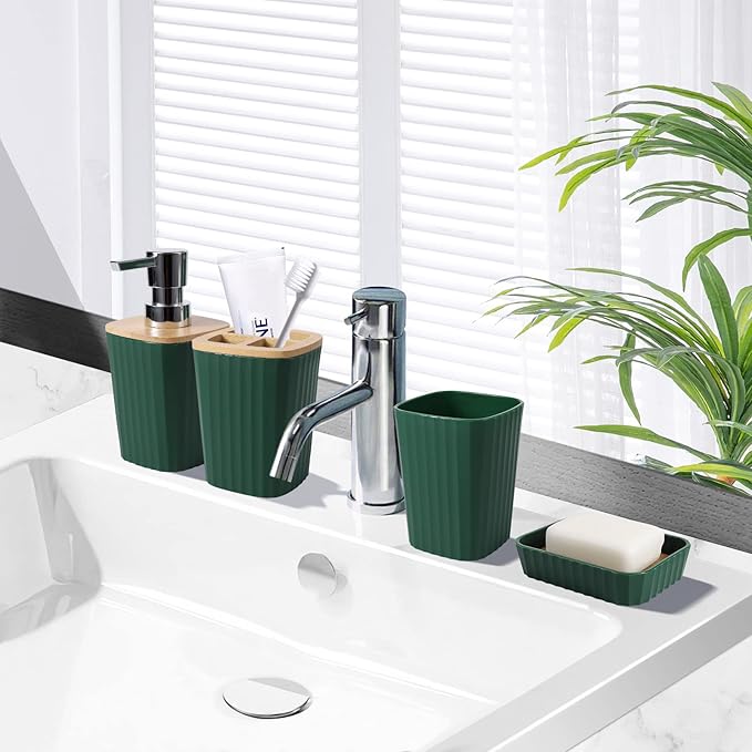 Dark Green Bathroom Accessories Set, 9-Piece Green Bathroom Set with Trash Can, Tray, Soap Dispenser, Toothbrush Holder, Toothbrush Cup, Soap Dish, Toilet Brush and Q-tip Holders