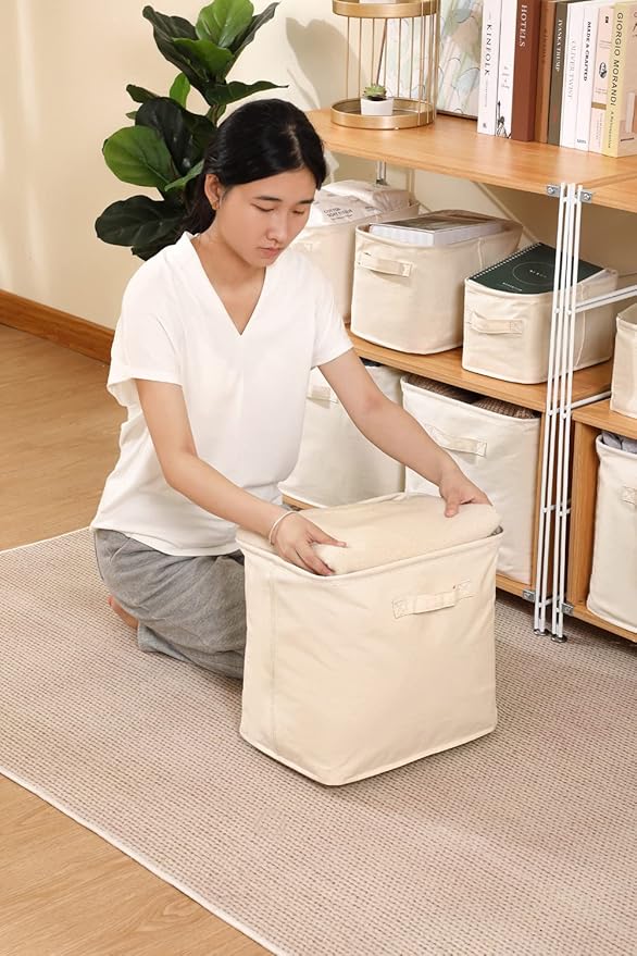 Decorative Basket Rectangular Fabric Storage Bin Organizer Basket with Handles for Clothes Storage (14.5 x 5.1 x 4.7, Beige)