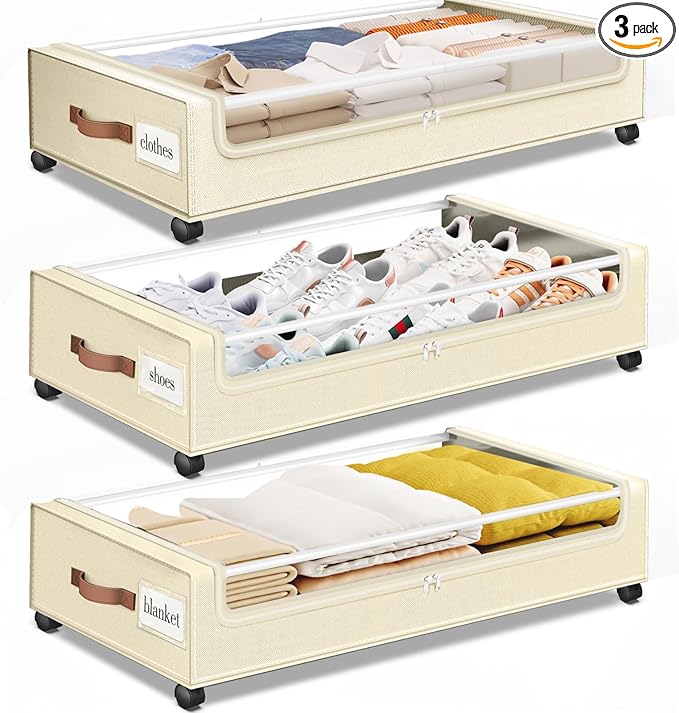 Under Bed Storage with Wheels 3Pack Underbed Storage with Clear Window&Label Under Bed Drawers Large Capacity Rolling Under Bed Storage for Clothes,Shoes, Blankets (Beige)