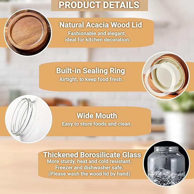 50 Fl oz/1500 ml Clear Glass Jar with Airtight Wooden Screw Lid, Glass Pantry Canister for 500g Coffee Beans, Kitchen Food Storage Containers for Rice,Flour,Pasta,Sugar,Honey,Tea, Spice,Cereal