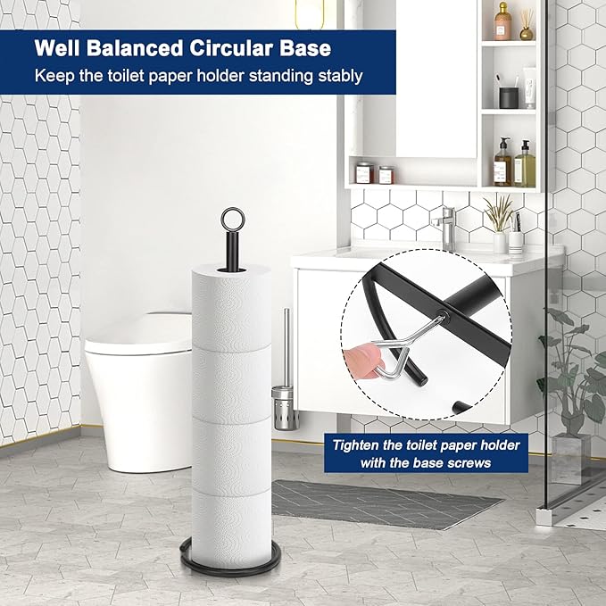 NearMoon Bath Toilet Paper Holder Stand, Freestanding Tissue Paper Storage with Reserve, Space Toilet 4 Rolls Holder for Bathroom/Kitchen Countertop-All Metal (1 Pack, Matte Black)