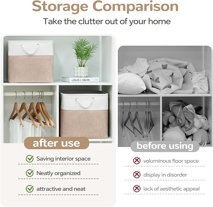13 x 13 Inch Cube Storage Bins, 6 Pack Fabric Storage Basket with Handles, Foldable Boxes Organizer for Shelf Baskets for Home, Clothes (White/Khaki)