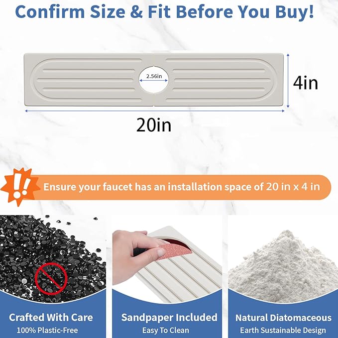 Stone Faucet Mat for Kitchen Sink, Water Absorbing Sink Water Splash Guard, Fast-Drying Kitchen Sink Faucet Mat, Durable Protector and Stone Drying Mat for Kitchen Counter & Bathroom Sink