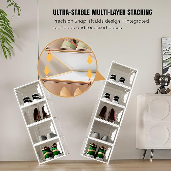 XL Large Stackable Shoe Boxes - Clear Plastic Shoe Storage Boxes with Magnetic Door, Thicken Shoe Organizer for Closet, Space Saving Foldable Shoe Containers Bins for Sneaker Boot - 6 Pack(White)