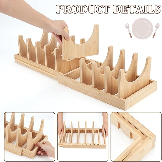 Bamboo Expandable Pots and Pans Organizer under Cabinet, Pot Lid Organizer Holder with 10 Adjustable Dividers, Cutting Board Holder, Baking Sheet Organizers for Kitchen Countertop