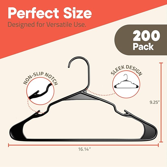 Black Plastic Hangers 200 Pack– Heavy-Duty Plastic Hangers Slim and Space-Saving, Durable and Lightweight PP with Non-Slip Shoulder Notches for Slip Dresses, Suits, Jackets & Camisoles
