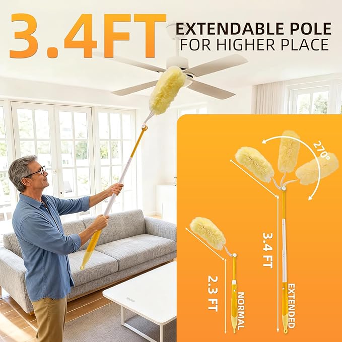 Heavy Duty Duster Refills, Disposable Dusters Kit for Cleaning Dusting Furniture Blind Ceiling Fan, Multi Surface 360 Feather Duster(25)+3FT Extended Handle