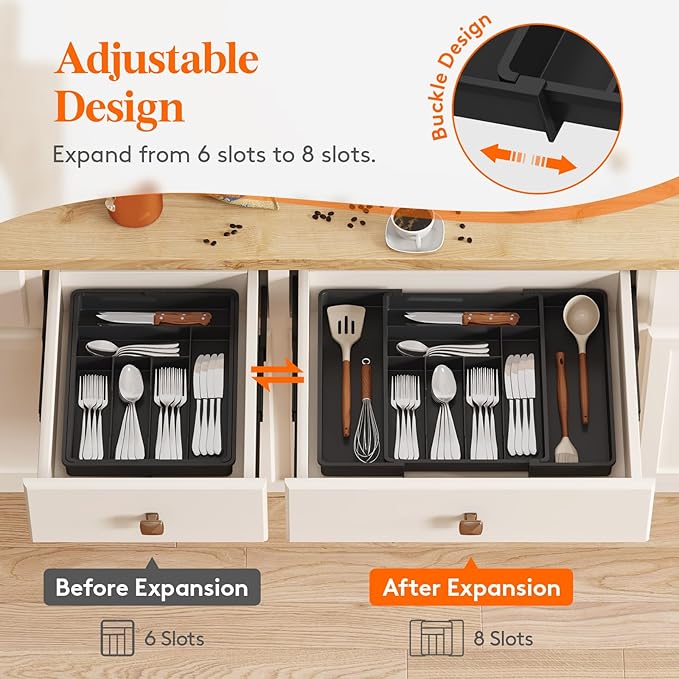 Lifewit Utensil Organizer for Kitchen Drawer, Expandable Cooking Silverware Tray, Adjustable Cutlery Flatware Holder, Plastic Spatula Tools Storage Divider, 13-22.3 x 16.7", Black