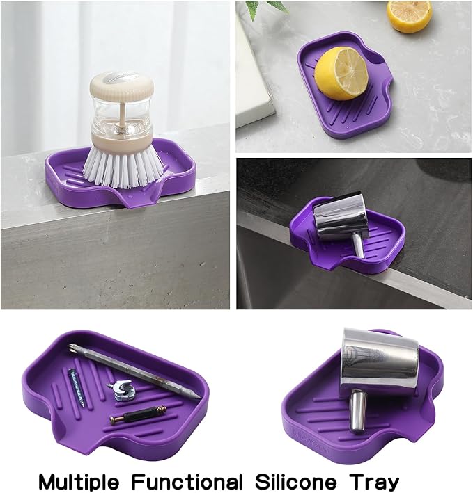 MicoYang Silicone Bathroom Soap Dishes with Drain Spout-Bathroom and Kitchen Sink Organizer,Sponge Holder,Dish Soap Tray,Perfect for Dispenser,Scrubber,Bottle,Cup on Sink or Counter-Purple 4.9"×3.2"