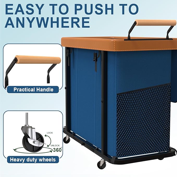 230L (60 Gal) Extra Large Fashion Laundry Sorter 3 Section with Lid, Rolling Laundry Basket Hamper with Handle, Laundry Organizer Storage Cart with Sturdy Metal Frame for Laundry Room, Dark Blue