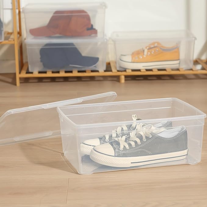 novelinks 12 Pack 6QT Plastic Storage Bins with Lids, Stackable Clear Containers with Latches, Durable Nestable Boxes for Office, Home, Garage, Shoes Organization