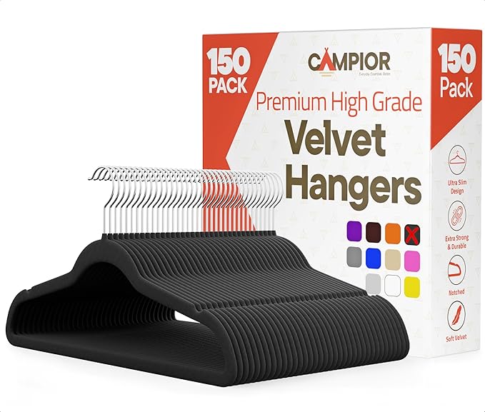 Black Velvet Hangers 150 Pack – 360° Swivel Hook, Non-Slip and Space Saving Hangers, Heavy-Duty 11 lbs Weight Capacity - Smooth Velvet Finish for Crease-Free Clothes and Effortless Closet Organization