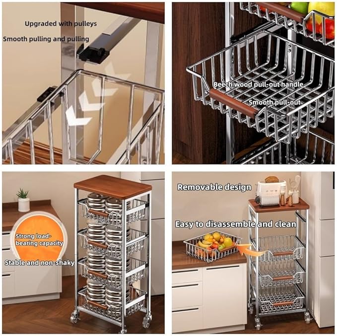 5-Tier Rolling Fruit & Vegetable Storage Cart with Drawers, Extra-Thick Metal Kitchen Organizer Cart on Wheels, Fruit Basket Stand& Fruteros para Cocina, Narrow Pantry Cart for Storage