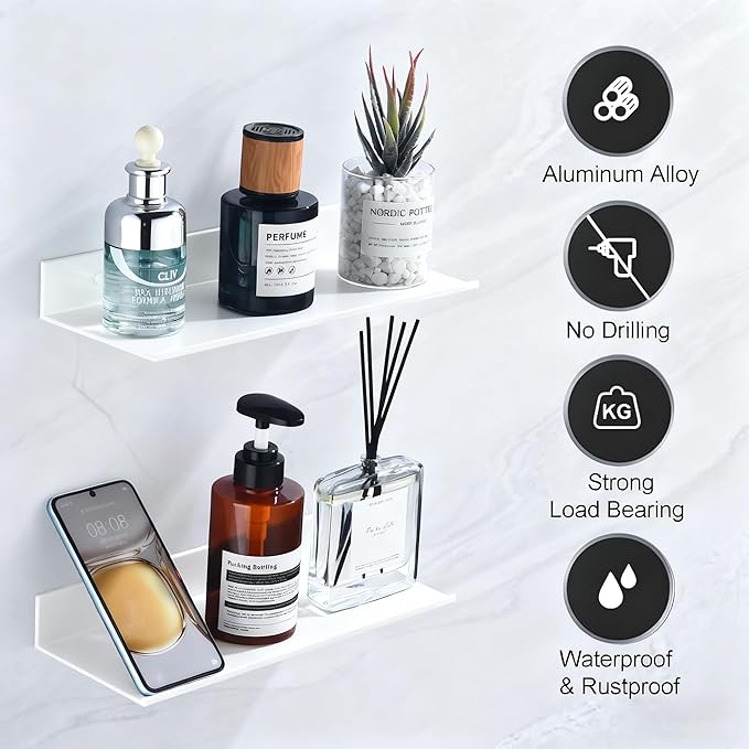 HNVNER White Adhesive Shower Caddy 30cm, Floating Bathroom Shelves for Wall 2 Pack, Metal Bathroom Wall Shower Shelves Storage Organizer for Kitchen Home
