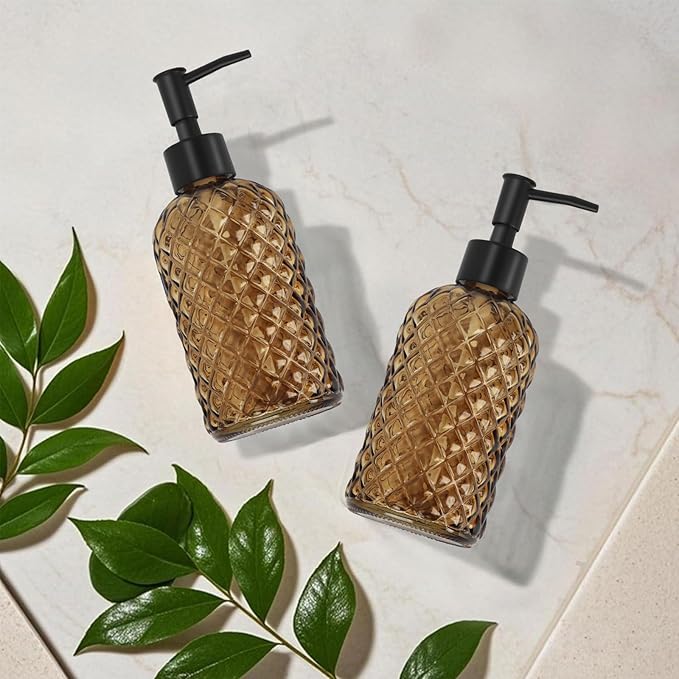2 Pack Gem Glass Soap Dispenser with Black Plastic Pump, 13oz Liquid Hand Soap Dispenser, Rustproof Pump for Kitchen & Bathroom, Great for Lotions, Essential Oil, Liquid Soaps-Amber