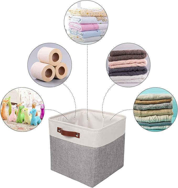 Univivi 13x13x13 Fabric Cube Bins with Hard Bottom,4 Pack Storage Baskets with PU Handles for Closet Foldable Storage Bins for Organizing,Gray